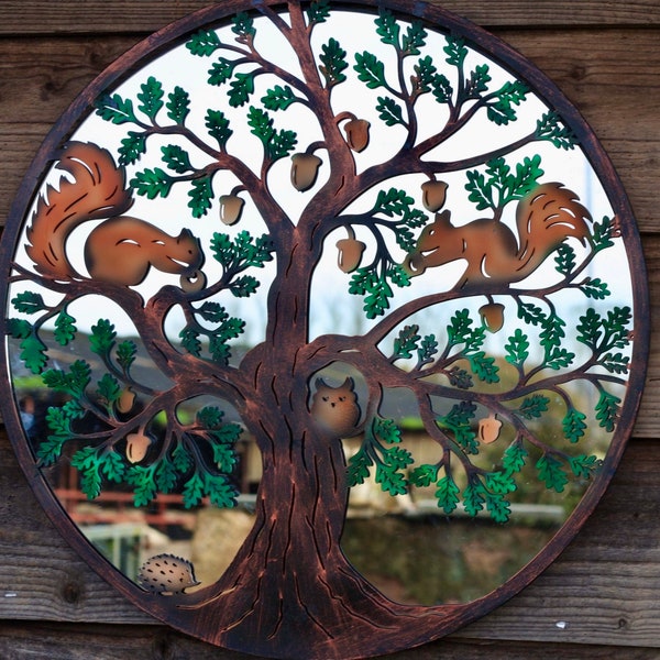 Colourful Mirrored Squirrel In Tree Wall Art Galvanised Metal Gift