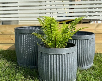 Set Of 3 Round Galvanised Dolly Tub Planters Indoor Outdoor