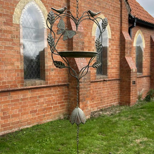 Mangeoire pour oiseaux, fleur en métal suspendue, vert de gris