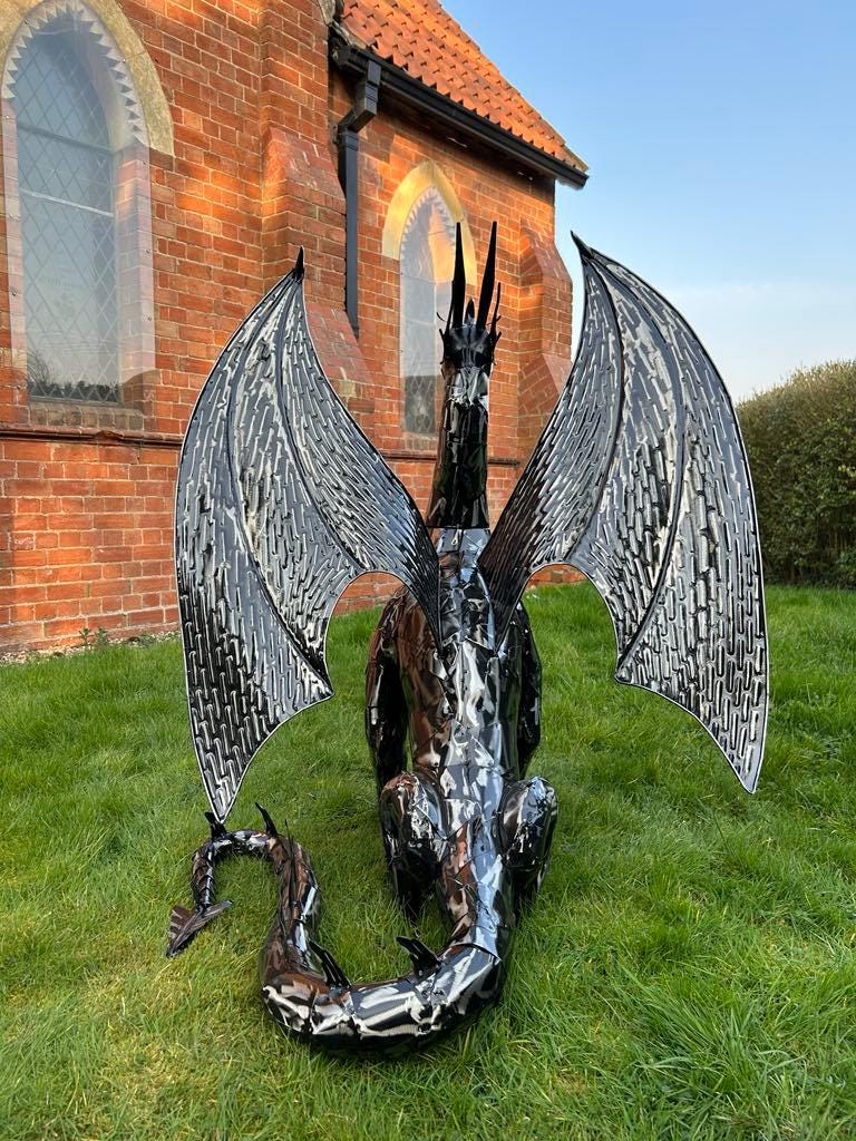 Extra Large Gothic Black Metal Dragon Garden Sculpture Highly