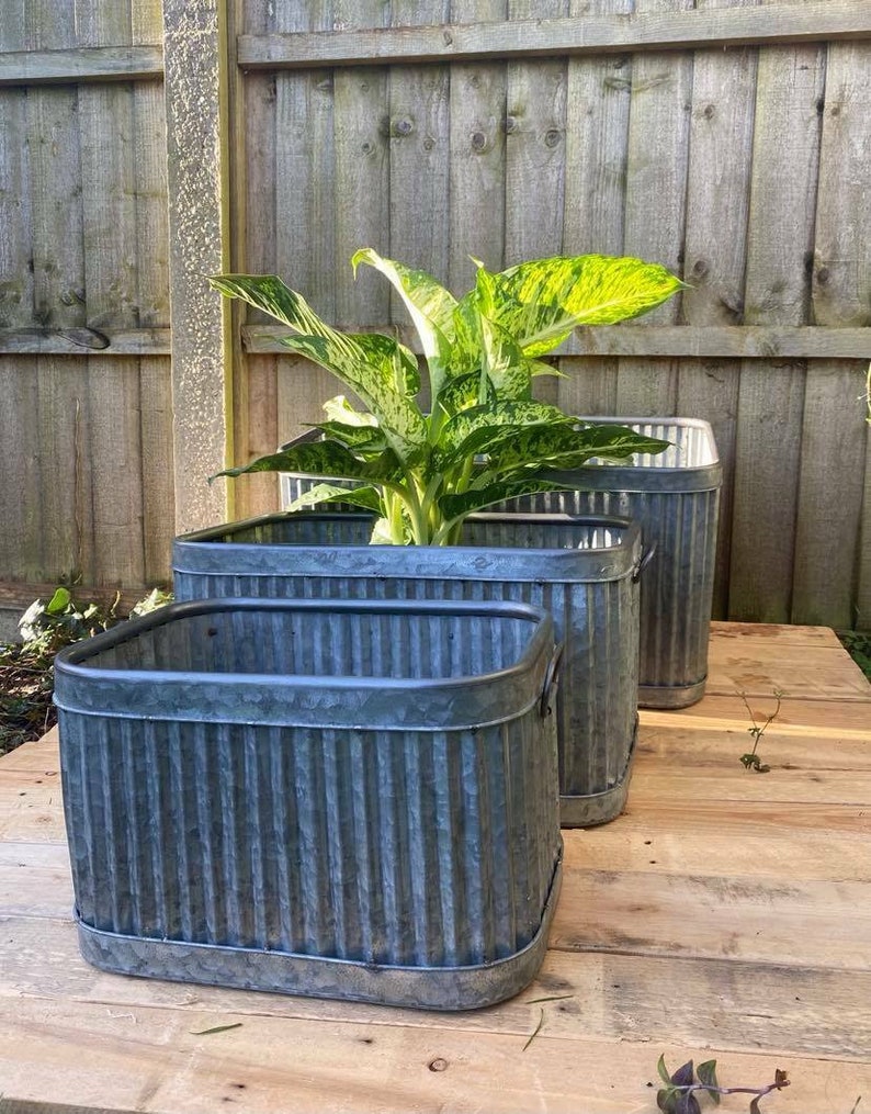 Set 3 Galvanised Dolly Tubs Bucket Planters Rectangle Rectangular Square Vintage image 4