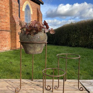 May include: Two metal plant stands with a rustic brown finish. The larger stand has a round pot with a leafy plant on top. The stands are on a wooden surface.