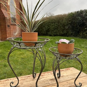May include: Two antique-style, dark green metal plant stands with scrolled legs and circular tops. Each stand holds a terracotta pot with a plant. The larger stand has a tall, green and white striped plant. The smaller stand has a flowering plant.