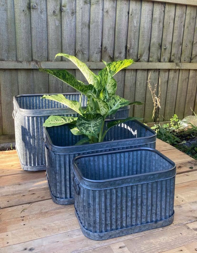 Set 3 Galvanised Dolly Tubs Bucket Planters Rectangle Rectangular Square Vintage image 2