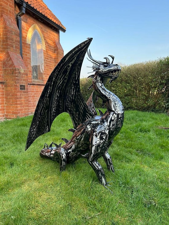 Extra Large Gothic Black Metal Dragon Garden Sculpture Highly