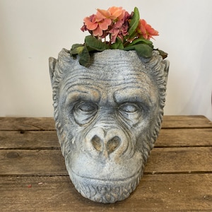 Reconstituted Stone Gorilla Head Pot Planter Monkey Chimpanzee Garden