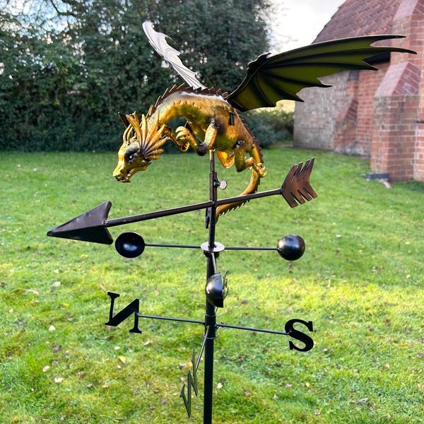 Gold Metal Dragon Weathervane Mystical Garden Outdoor Weather Ornament