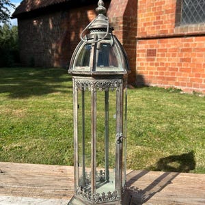 Tall Antiqued Style Rose Gold Metal and Glass Garden Lantern Candle Vintage