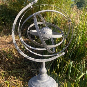 Galvanised Grey Metal Garden Armillary Ornament With Movable Spheres