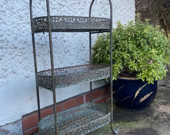 Verdigris three tier plant stand garden shelf with intricate ironwork