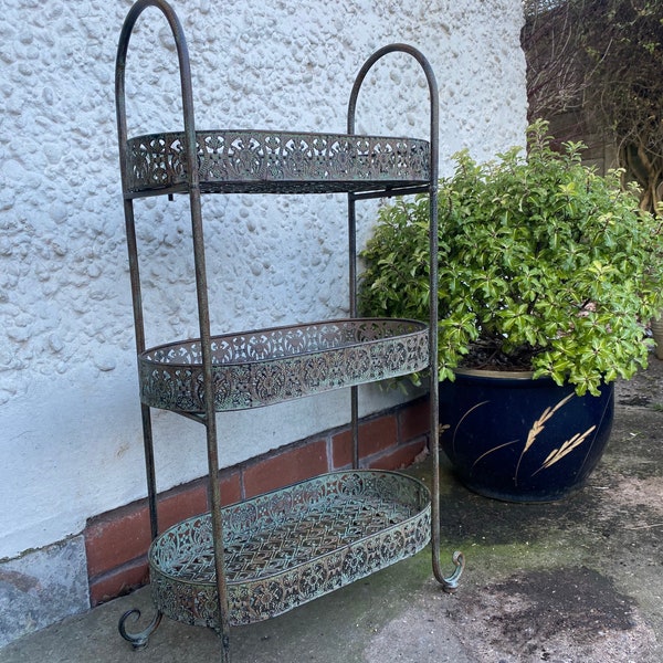 Verdigris three tier plant stand garden shelf with intricate ironwork