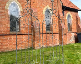 Set of Two Ornate Galvanised Metal Country Grey Garden Powder Coated Trellis Plant Support Fleur