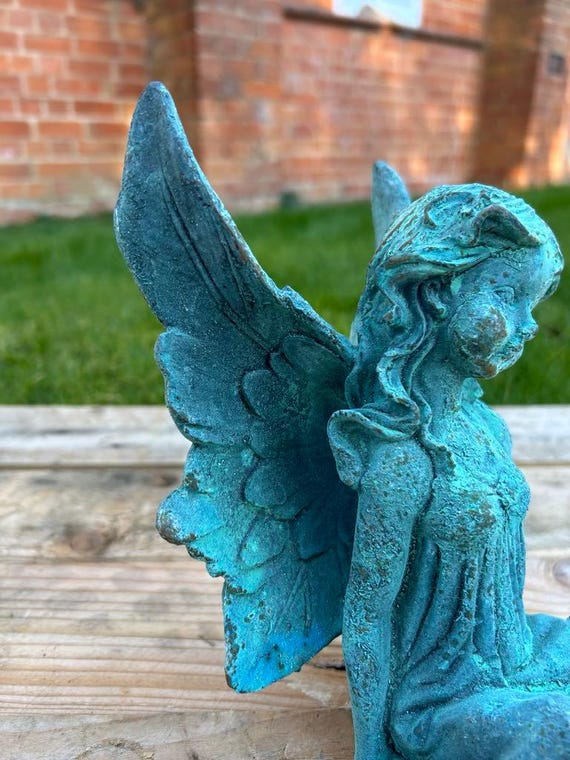 Enchanting Cast Iron Verdigris Blue Sitting Fairy Garden Ornament