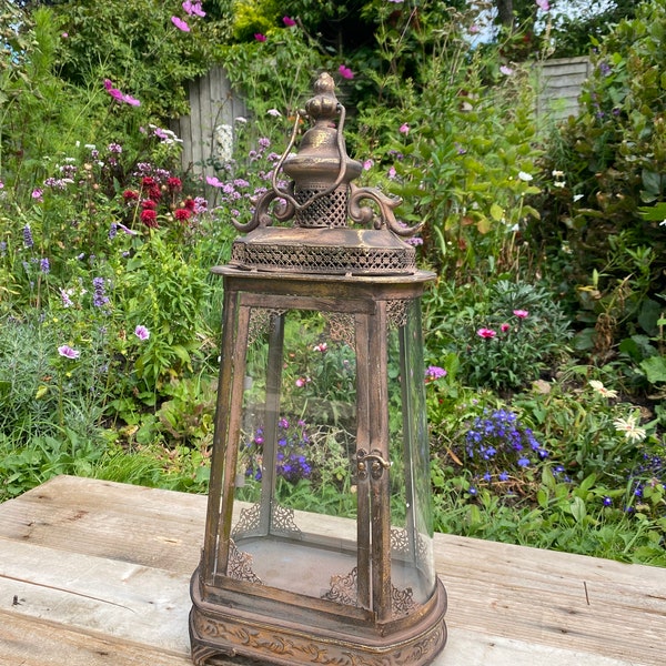 Rose Gold Antiqued Table Lantern For The Garden Made From Galvanised Metal And Glass