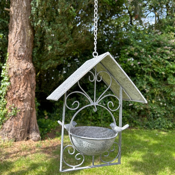 Grey Hanging Bird House Feeder Galvanised Metal Garden Ornament