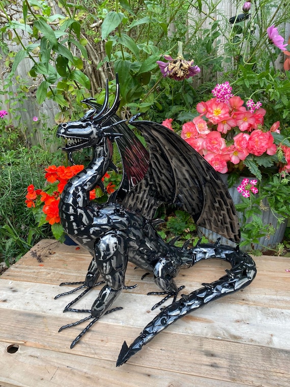 Gothic Black Metal Dragon Garden Sculpture Highly Detailed