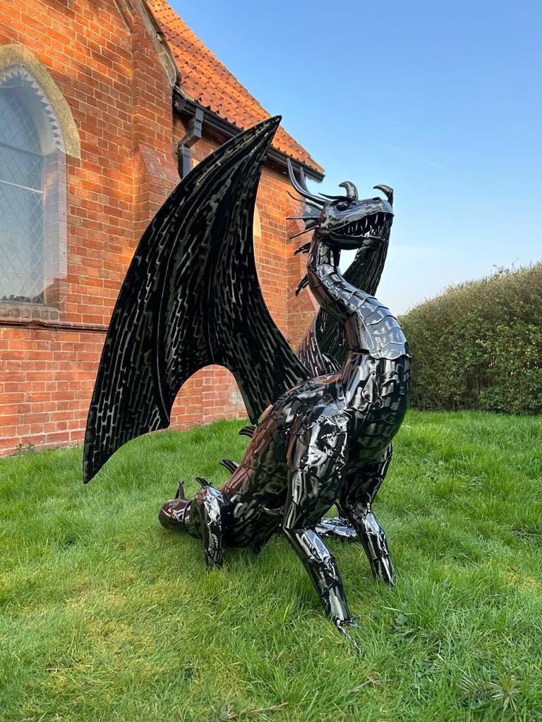 Extra Large Gothic Black Metal Dragon Garden Sculpture Highly