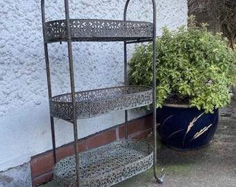 Verdigris three tier plant stand garden shelf with intricate ironwork vintage French style design