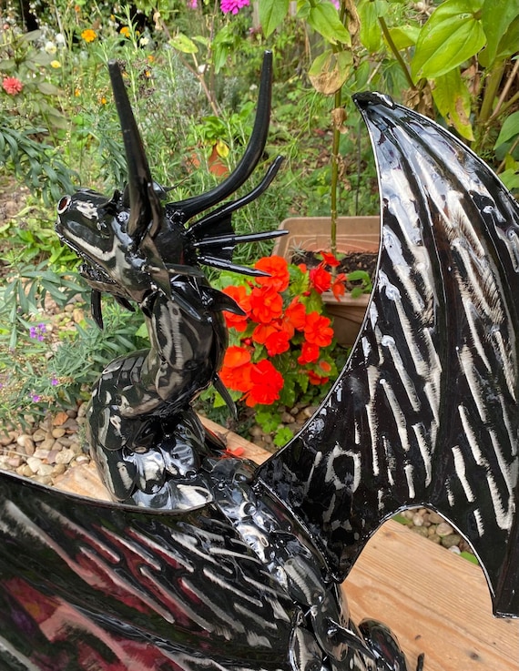 Gothic Black Metal Dragon Garden Sculpture Highly Detailed