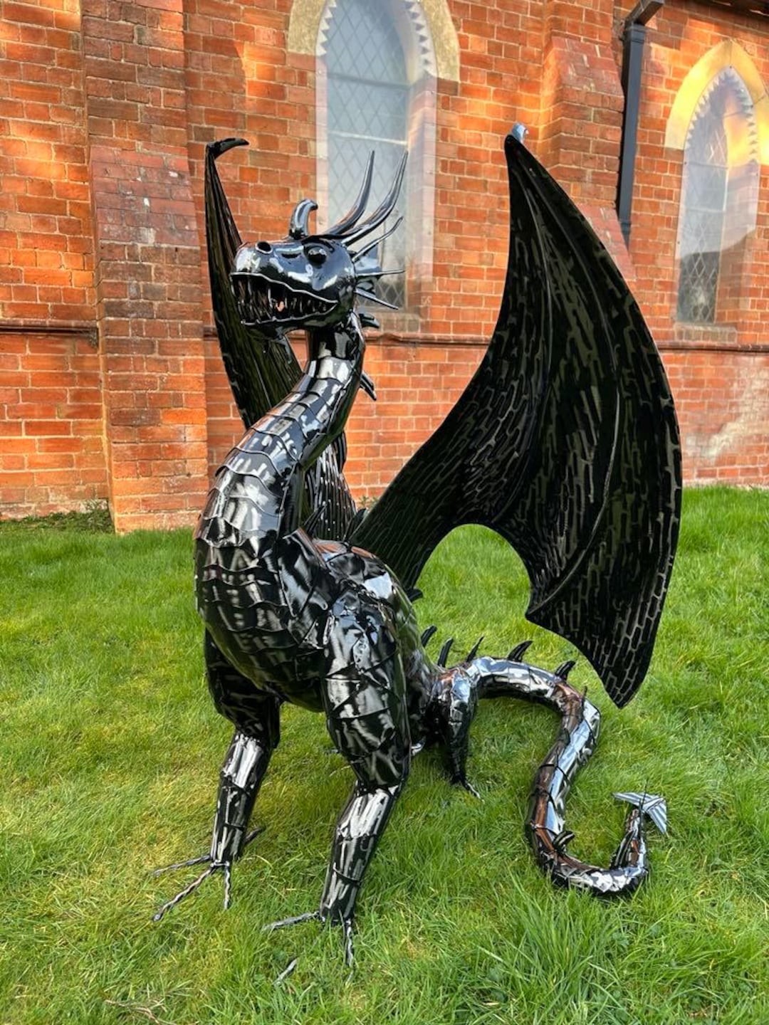 Extra Large Gothic Black Metal Dragon Garden Sculpture Highly