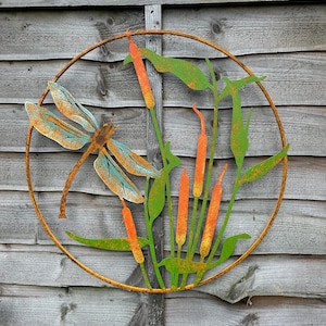 Vibrant Dragonfly And Reeds Metal Garden Wall Art Indoor Outdoor