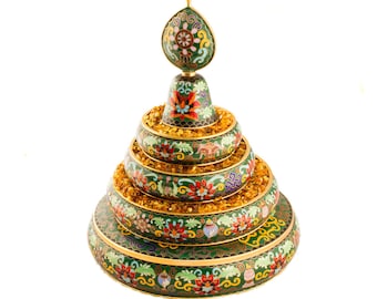 Buddhist copper Mandala Set decorated with cloisonne Ashtamangala / big and amazingly detailed green color height — 30 cm diameter — 21 cm