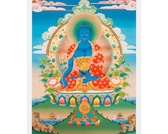 Thangka Medicine Buddha aka Bhaisajyaguru or Menla — high quality print on Natural Canvas — 29,3x42,0 cm / 11,5x16,5 in — Buddhist Painting