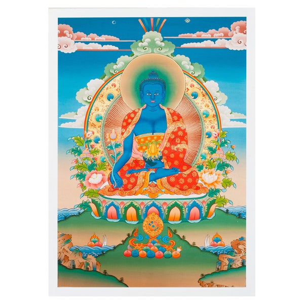 Thangka Medicine Buddha aka Bhaisajyaguru or Menla — high quality print on Natural Canvas — 29,3x42,0 cm / 11,5x16,5 in — Buddhist Painting