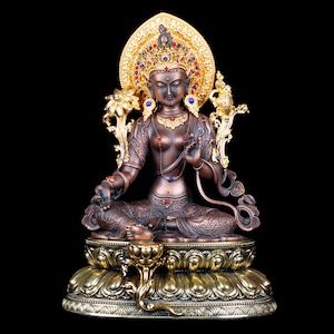 Standbeeld van groene tara (Drolma) gemaakt van koper, versierd met patina, 16,5 cm perfectie · Tibetaans-boeddhistische kunstcollectie