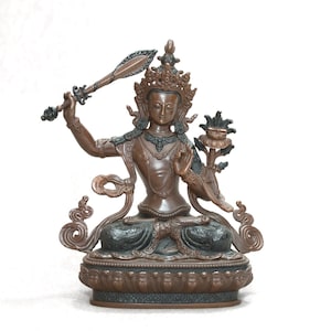 Statue of Manjushree &quot;Jampel&quot;, a bodhisattva of wisdom made from copper — Tibetan Buddhist Art Collection | 15 cm of perfection, GRAND SALE!