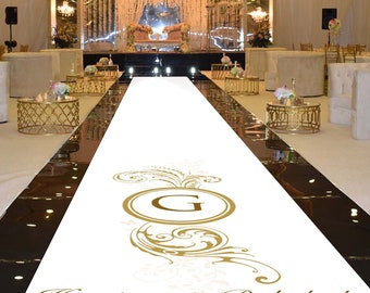 Personalise Wedding Aisle Runner Decoration -Gold Effect Flourish Plume Design