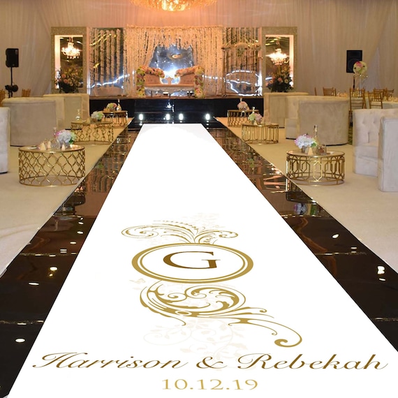 Personalise Wedding Aisle Runner Decoration -Gold Effect Flourish Plume Design