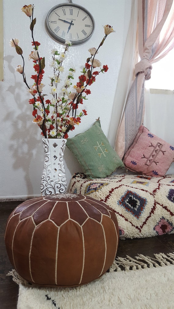 Mina Stuffed Side Embroidered Moroccan Leather Pouf Ghana