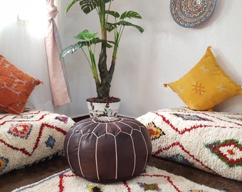 Stuffed Moroccan leather pouf, pouf Ottoman, handmade floor poof, pouf footstool, ottoman table, pouf and stools