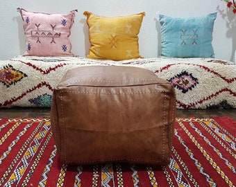 Stuffed dark Brown Moroccan leather pouf handmade square Ottoman dark Brown, floor poof, pouf footstool, ottoman table, pouf and stools
