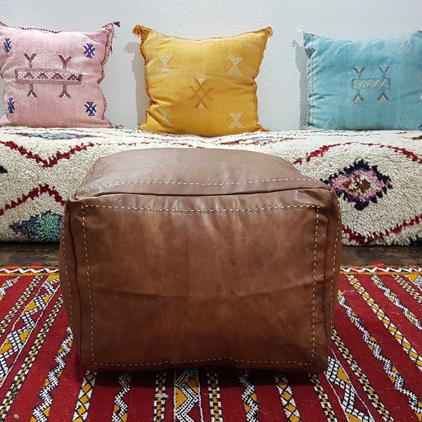 Stuffed dark Brown Moroccan leather pouf handmade square Ottoman dark Brown, floor poof, pouf footstool, ottoman table, pouf and stools