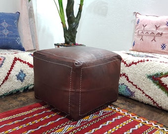 Stuffed dark Brown Moroccan leather pouf handmade square Ottoman dark Brown, floor poof, pouf footstool, ottoman table, pouf and stools