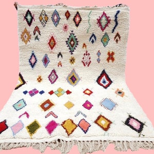 colorful Moroccan Beni Ourain rug, white moroccan carpet , moroccan berber rug , azilal rug,checkered Rug