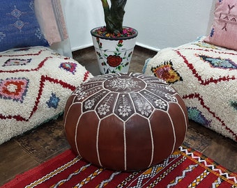 Stuffed Moroccan leather pouf, pouf Ottoman, handmade floor poof, pouf footstool, ottoman table, pouf and stools