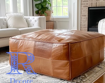 Premium Brown Moroccan Leather Pouf - Handcrafted Square Ottoman, High-Quality Footstool, No-Odor Pouf Table, Boho Home Decor(cover)