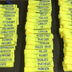 May include: A close-up of a stack of yellow fabric name tags with blue lettering. The names are arranged alphabetically and include a variety of common names.