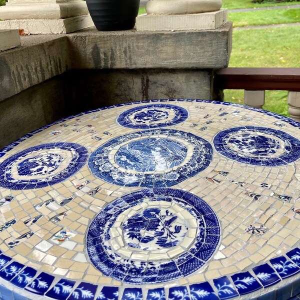 Mosaic cafe table top. Blue Willow china. Broken Ceramic tiles.  Gift idea for coffee lovers.