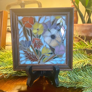 Small framed art. Stained glass flower mosaic. Flower wall art.  Hand cut glass and broken tesserae. Gift idea for a garden lover.