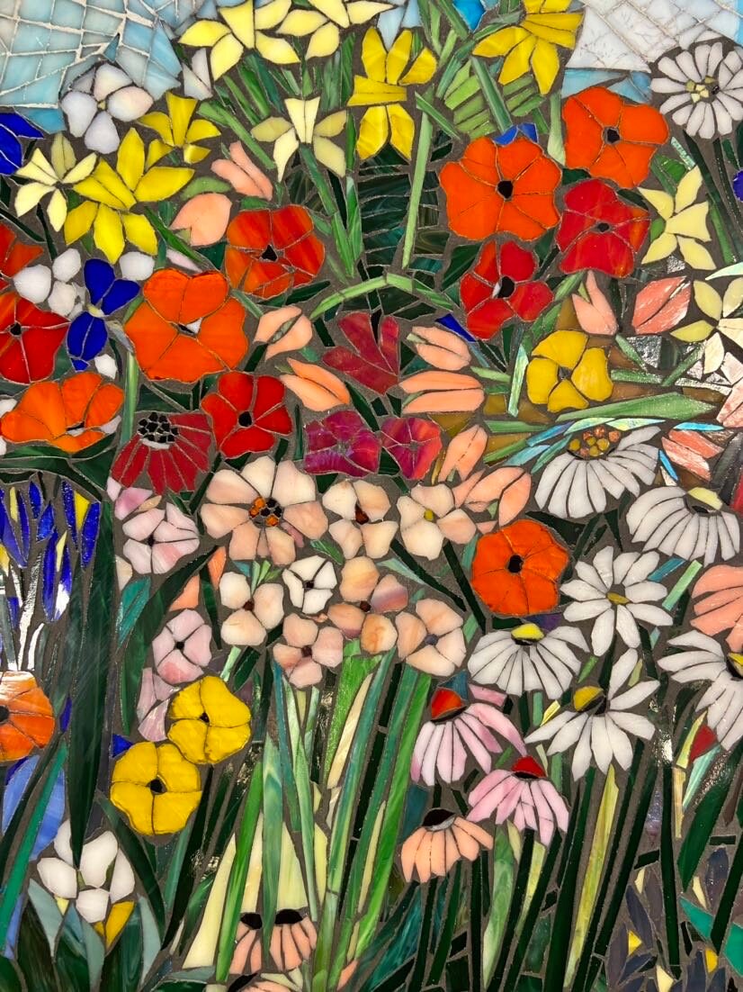 Mixed Flower Stained Glass Mosaic Panel. Framed Hanging Glass Art