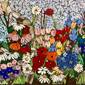 Mixed Flower Garden stained glass window. Framed hanging glass art. Large garden mosaic wall art. Gift idea for garden lover.