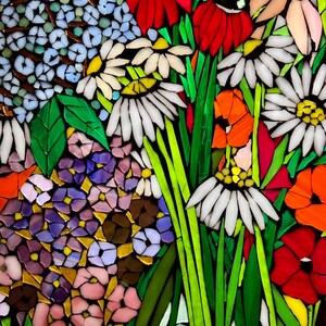 Mixed Flower Stained Glass Mosaic Panel. Framed Hanging Glass Art ...