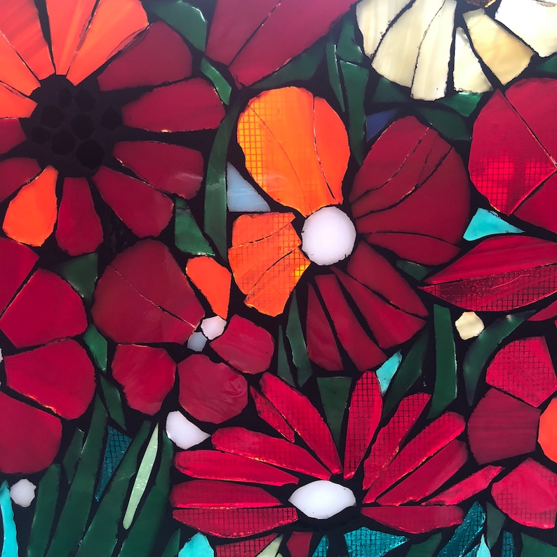 Mosaic Poppy Window, Poppy Mosaic, Stained Glass Window, Flower Art