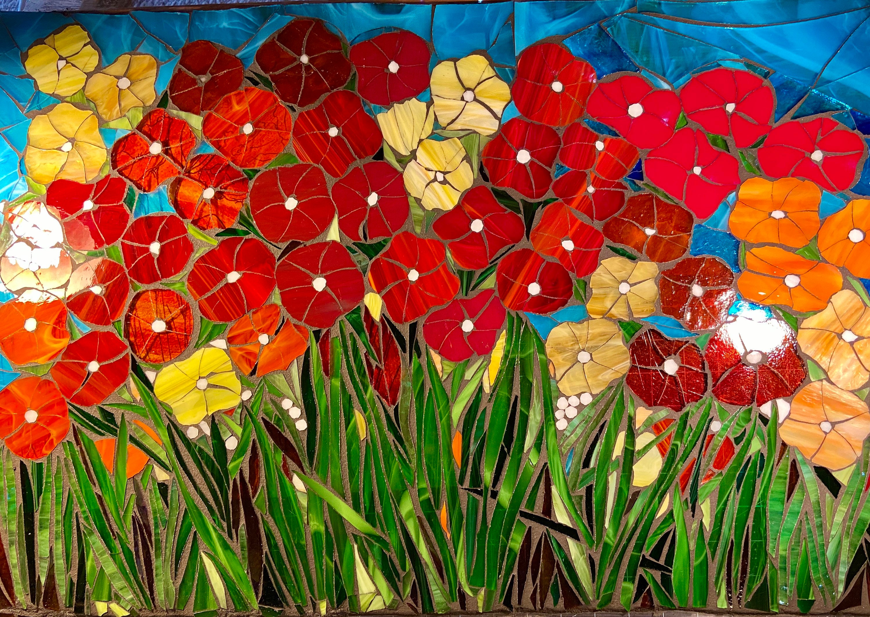 Poppy Mosaic Window, Stained Glass Window, Flower Art, Garden Art