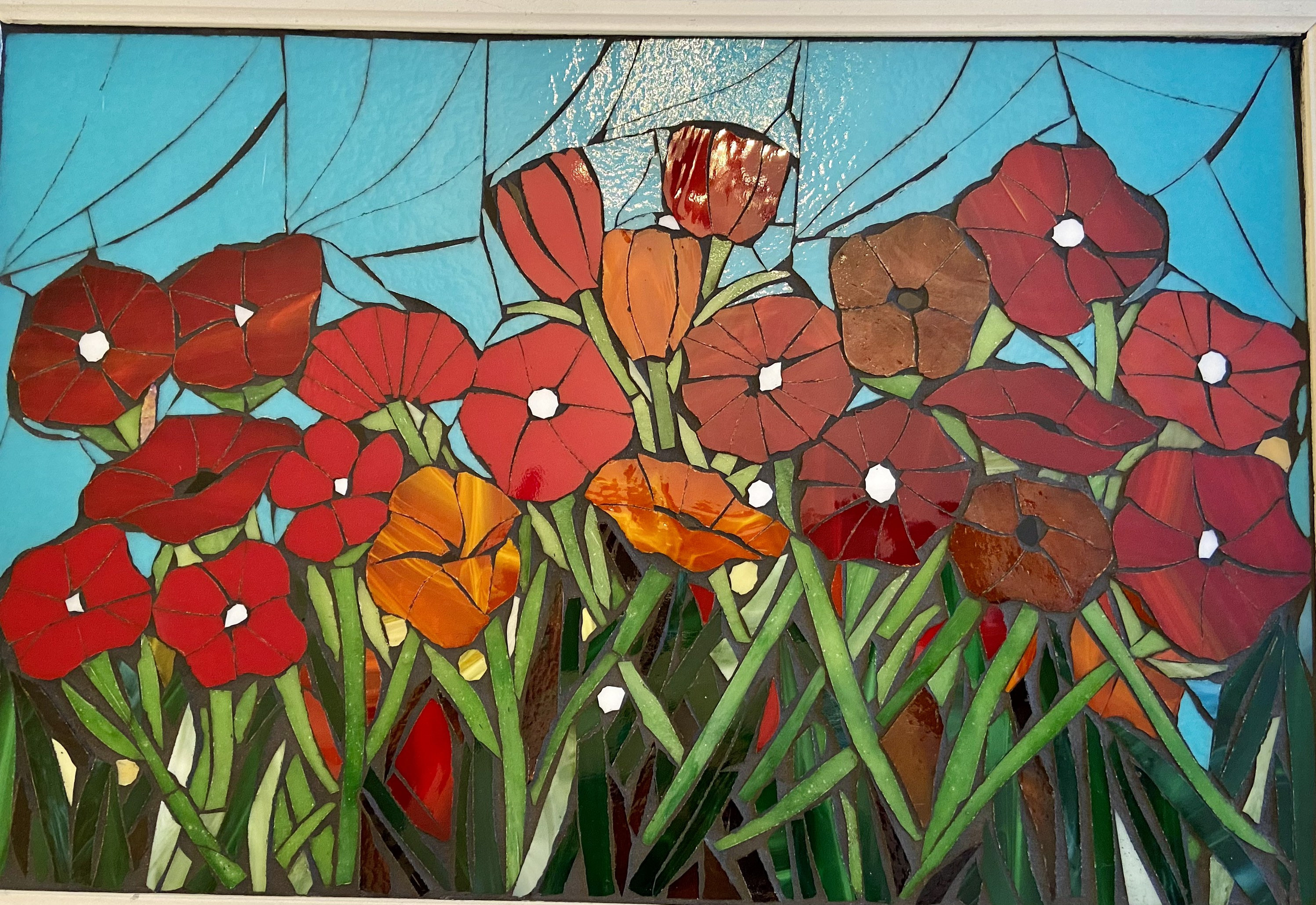 CUSTOM ORDER - Mosaic Poppy Window, Red Stained Glass, Mosaic Art