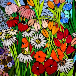 Mixed Flower Stained Glass Mosaic Panel. Framed Hanging Glass Art ...